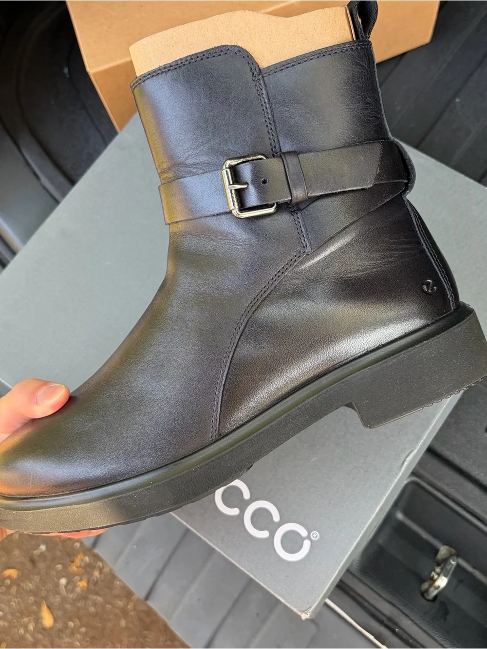 Ecco Black Leather Ankle Booties with Side Buckle